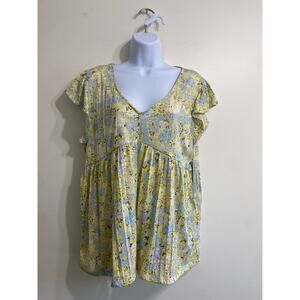 Absolutely Famous" Yellow &‎ Blue Floral Top - Size Large Cottagecore